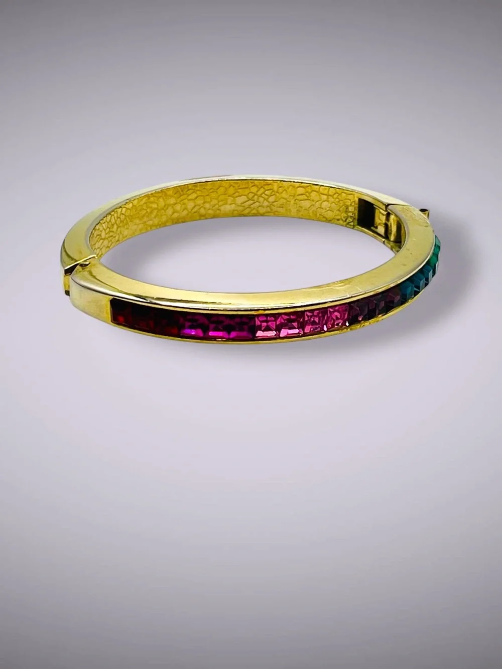 Vintage Ombre Rainbow Rhinestone CrystalChannel Set Hinged Bangle Bracelet